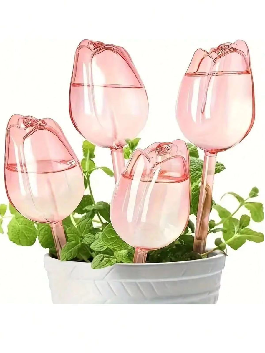 2/4 Pcs Pink Tulip Watering Globes, Narrow Mouth Design Extends Watering Time, Suitable For Indoor And Outdoor Plants, Self-Watering Planter