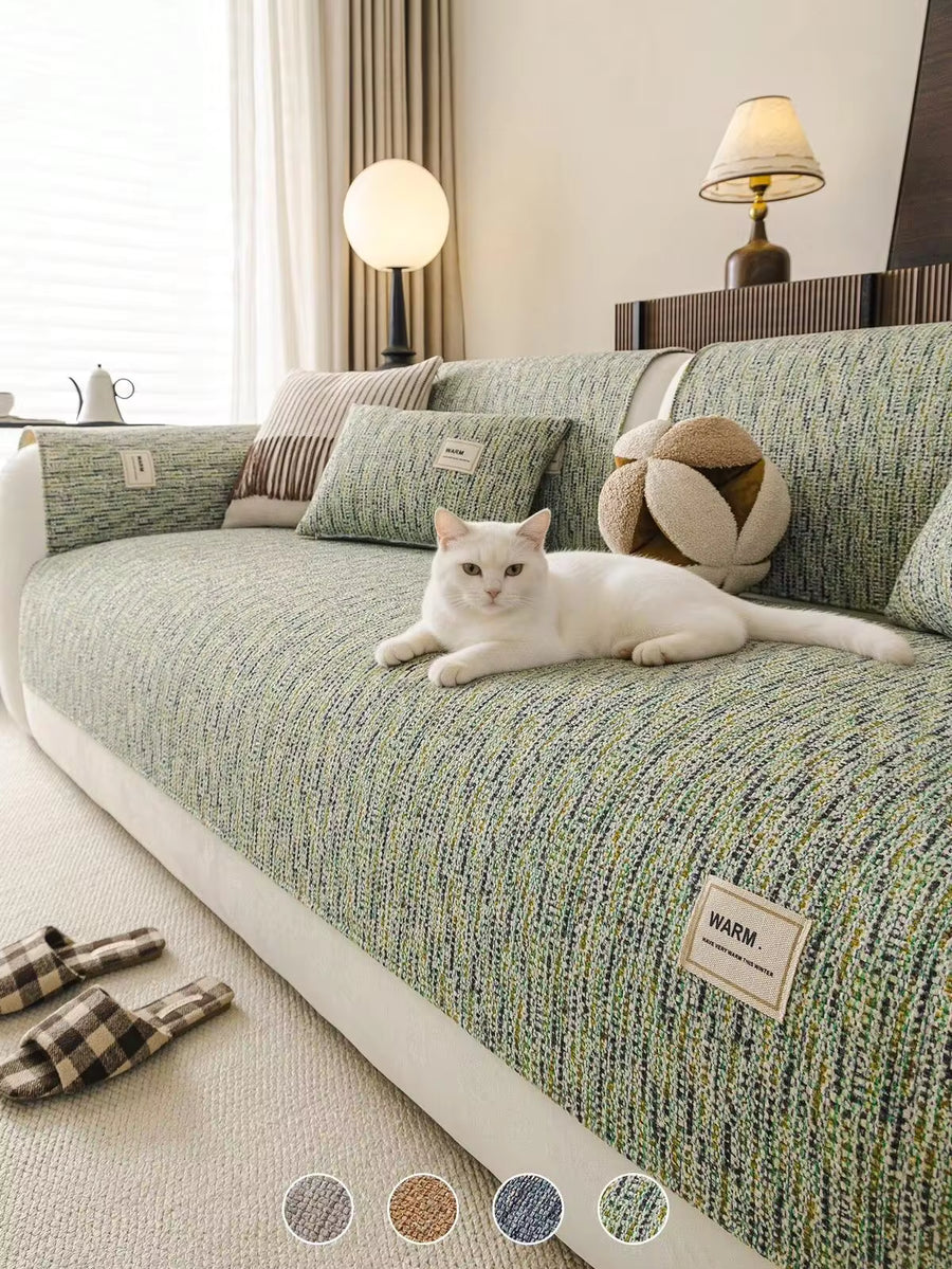 1pc Linen Texture Anti-Pet Slip Sofa Pad, Minimalist Style With Label Decoration, All-Season Machine Washable Sofa Protector Cover