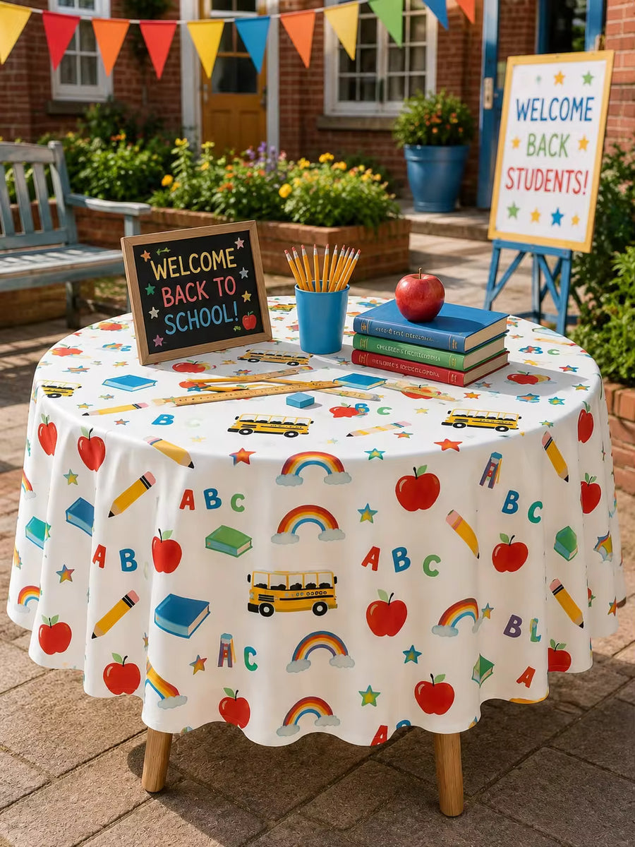 1pc - Welcome Back To School Theme Tablecloth, Rainbow ABC Apple School Bus Pencil Print Rectangular Tablecloth, Suitable For Classroom Party, Kindergarten Preschool First Day Of School And Home Dining Table Decoration