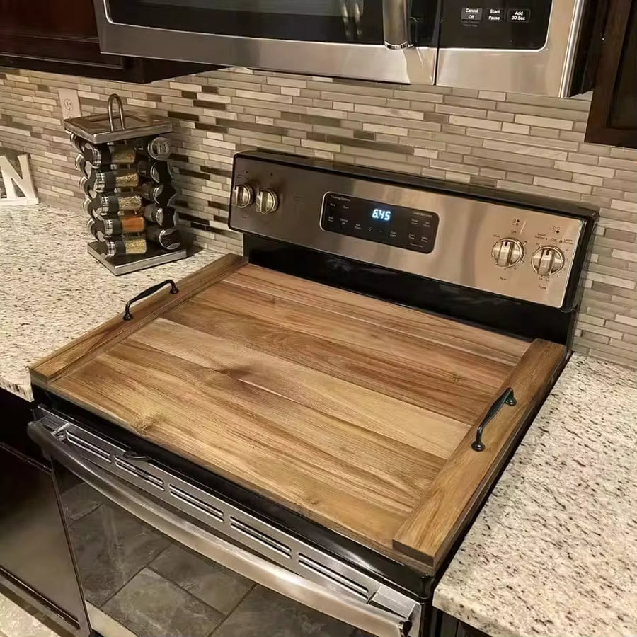Wooden Gas Stove Cover Board With Handle, Solid Pine Wood Stovetop Cover For 4/5 Burners Gas Range, Multipurpose Kitchen Stove Top Cutting Board & Food Serving Tray, Heat Resistant Countertop Extender