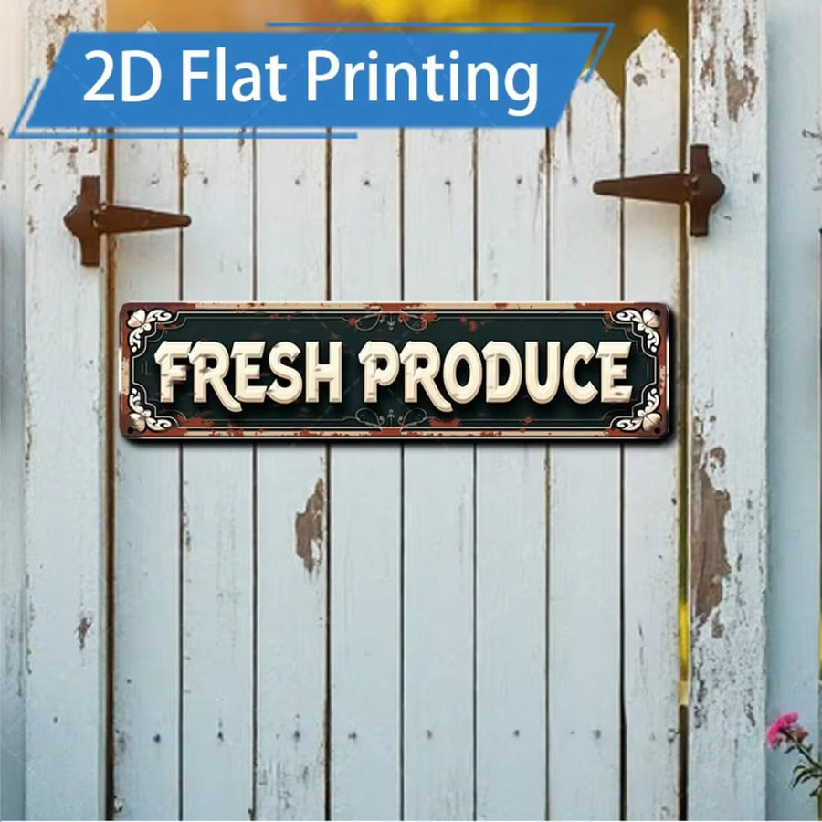 2D Flat, 1pc Rustic Vintage "Fresh Produce" Metal Sign - Farmhouse Kitchen Wall Decor With Retro Floral Accents & Fruit/Vegetable Stand Signage, Durable Iron Suitable For Porch, Outdoor Garden, Bar, Home - Easy Installation, Holiday Gifts (Halloween