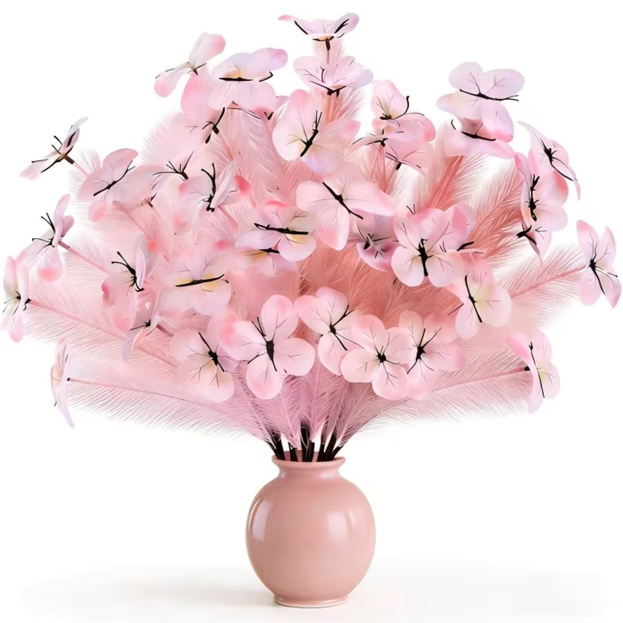2Pcs 3D Stereo Vivid Shaped Artificial Purple Butterfly & Pampas Grass Mixed Flower Bouquet, Romantic Atmosphere Table Floral Ornament, 4-Season Indoor Outdoor Decor For Bedroom Home Anniversary Easter New Year Valentine's Day Holiday Gift
